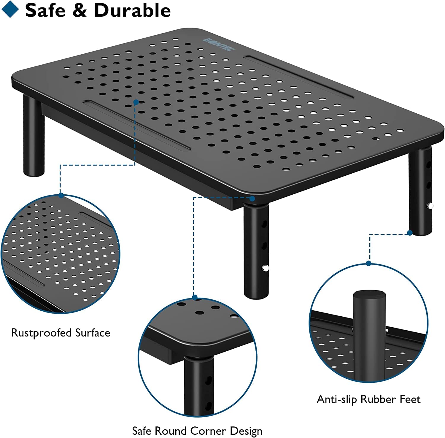BONTEC 2 Pack Monitor Stand Riser, 3 Height Adjustable Monitor Stand for Desk, Computer Monitor Riser Stand with Mesh Platform for Laptop, Computer, iMac, PC (Black, 2 Pack with Storage)
