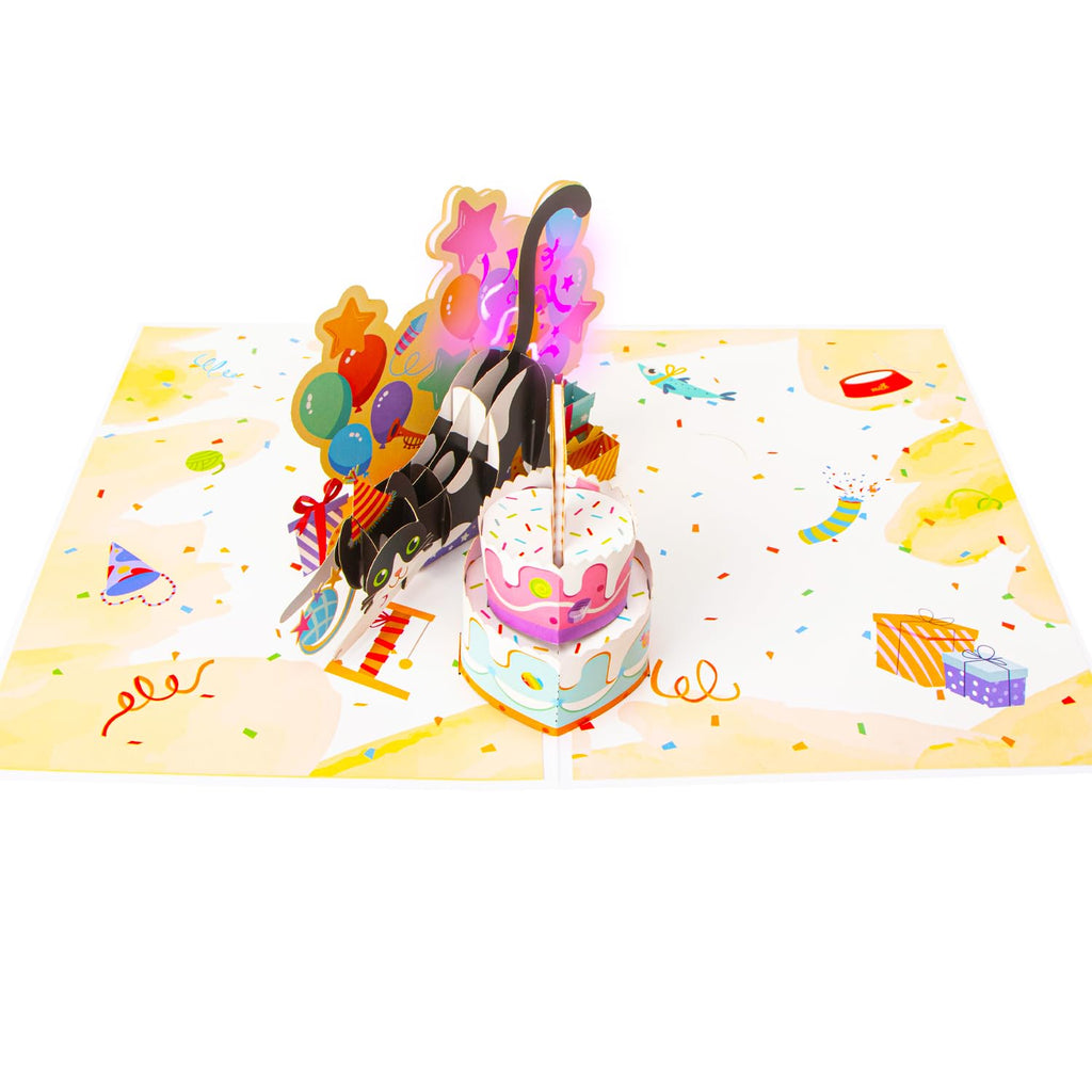 Ribbli Birthday Cards, Cat Pop Up Card with Light and Music, Musical Cat Birthday Card for Men Women, 8.2 x 5.7 Inches with Envelope