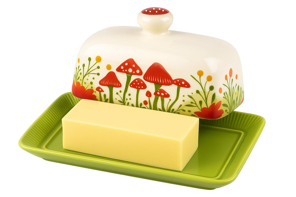 Ceramic Butter Dish with Lid, Hand-Painted Mushroom Design, Rectangular Butter Keeper with Tray, Lead-Free, Dishwasher & Microwave Safe, 7.5 x 4.2 x 3.7 in