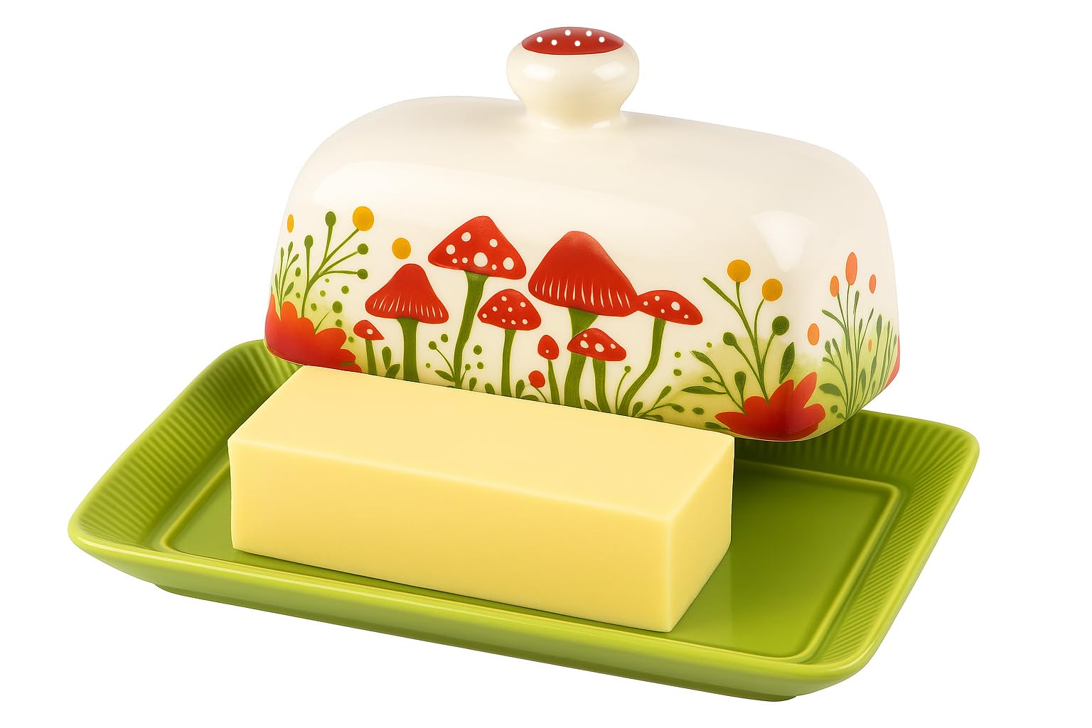 Ceramic Butter Dish with Lid, Hand-Painted Mushroom Design, Rectangular Butter Keeper with Tray, Lead-Free, Dishwasher & Microwave Safe, 7.5 x 4.2 x 3.7 in
