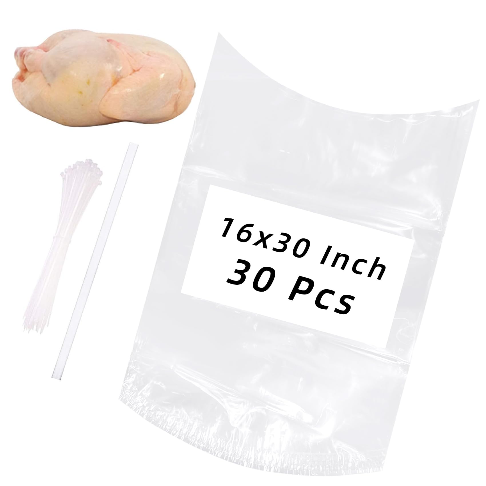Large Turkey Shrink Bags, 30 Pcs 16x30 Inches Clear Poultry Heat Shrink Bags Freezer with Zip Ties, Silicone Straw for Turkey,Chickens,Rabbits