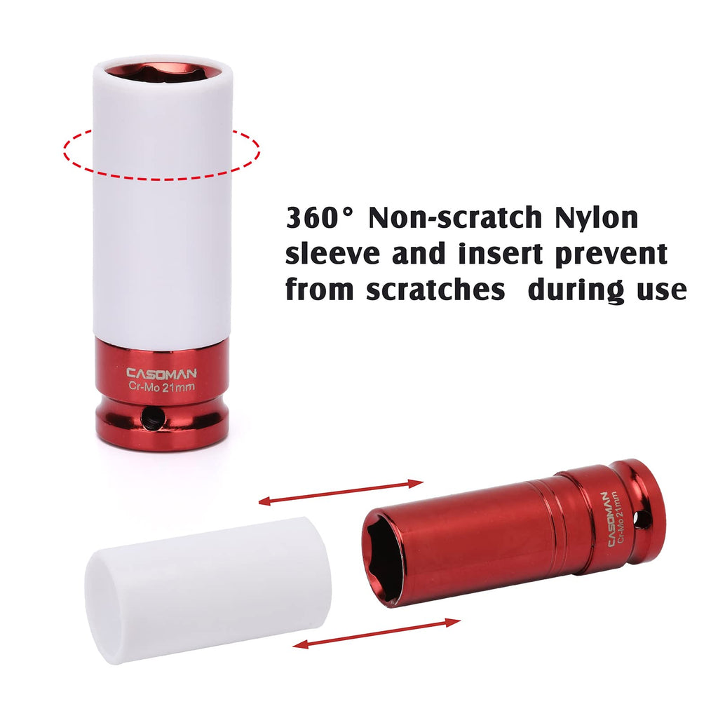 CASOMAN 1/2- Inch Drive Wheel Protector Impact Socket, 1/2" Thin Wall Deep Impact Socket Set Plastic Sleeve Lug Nut, 3 Pieces Set, 6 Point, Metric,CR-MO,17mm,19mm,21mm