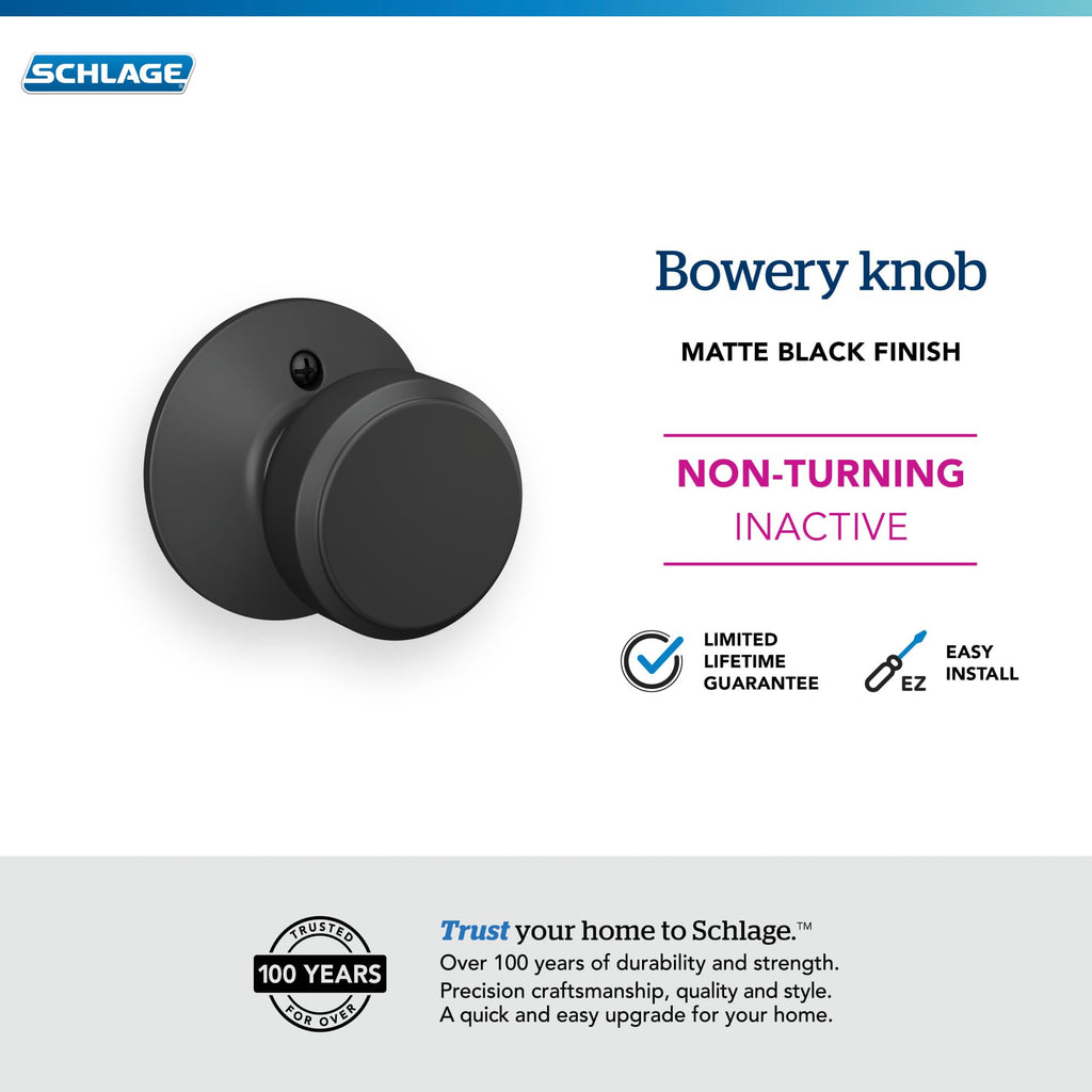 Schlage F170 BWE 622 Bowery Door Knob with Standard Trim, One-Sided Non-Turning Dummy Handle, Matte Black