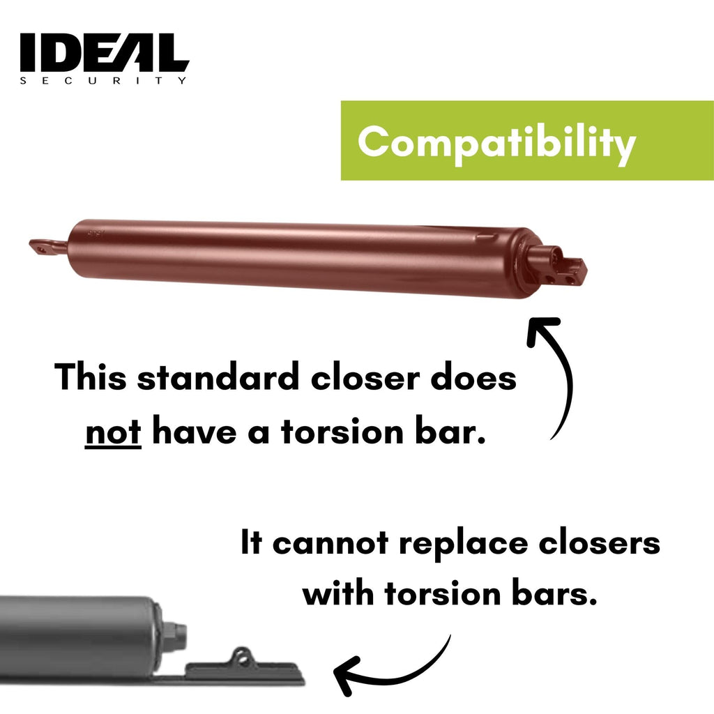 Ideal Security Model 9 Standard Duty Pneumatic Storm and Screen Door Closer, 10.5" L x 1.25" W x 1.25" H, Adjustable Speed, Smooth Closing for Lightweight to Medium Doors, Easy Install, Brown