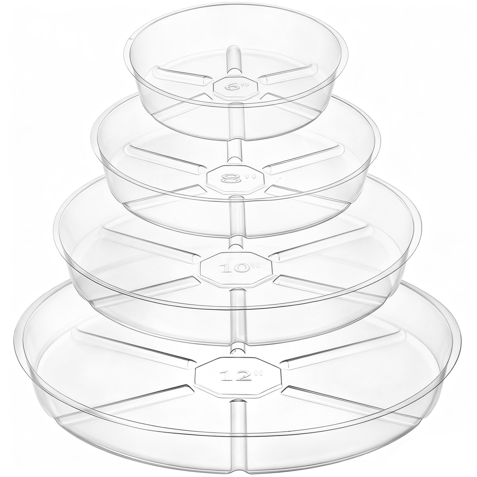 Hacaroa 24 Pack Clear Plant Saucer Drip Trays, 6/8/10/12 Inch Plastic Plant Trays Flower Pot Saucers for Indoor & Outdoor Plants, Round, 4 Sizes