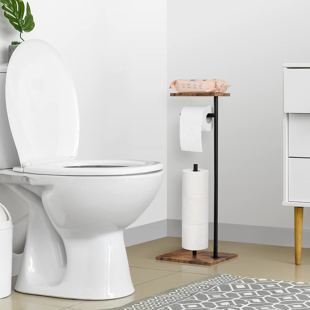 Toilet Paper Holder Stand Toilet Paper Roll Holder with Shelf Free Standing Toilet Tissue Holder Black Toilet Paper Storage Holder with Reserve for for Bathroom Holds Wipe, Mobile Phone, Mega Rolls
