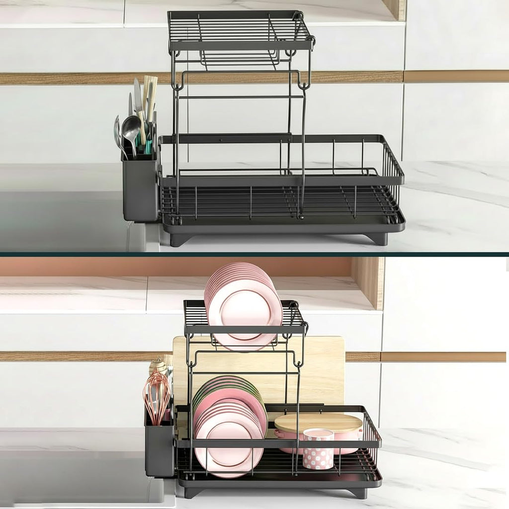 Space-Saving 2-Tier Dish Drying Rack with drip Tray, Swivel spout, Utensil Holder and More, Perfect for Small Kitchen counters and Keeping Things Neat