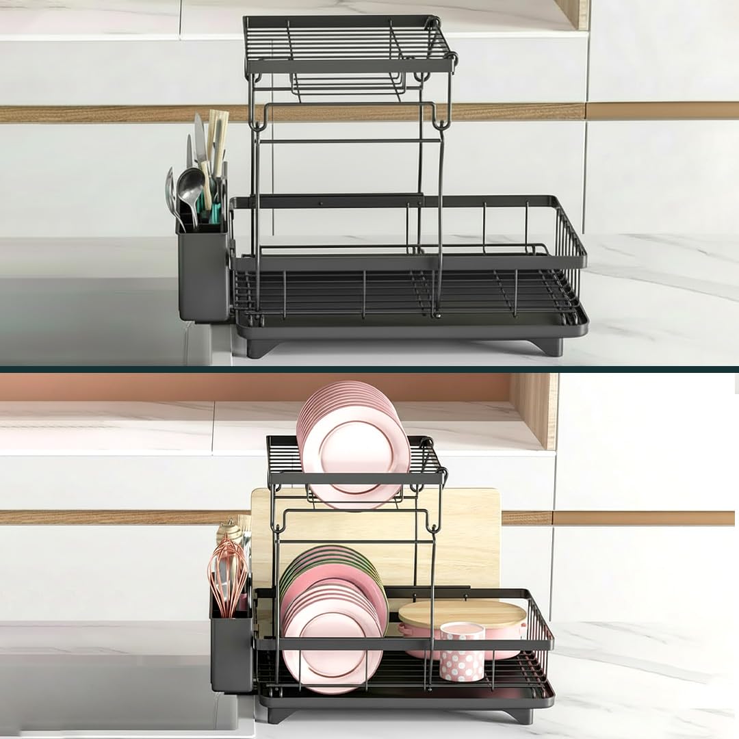Space-Saving 2-Tier Dish Drying Rack with drip Tray, Swivel spout, Utensil Holder and More, Perfect for Small Kitchen counters and Keeping Things Neat