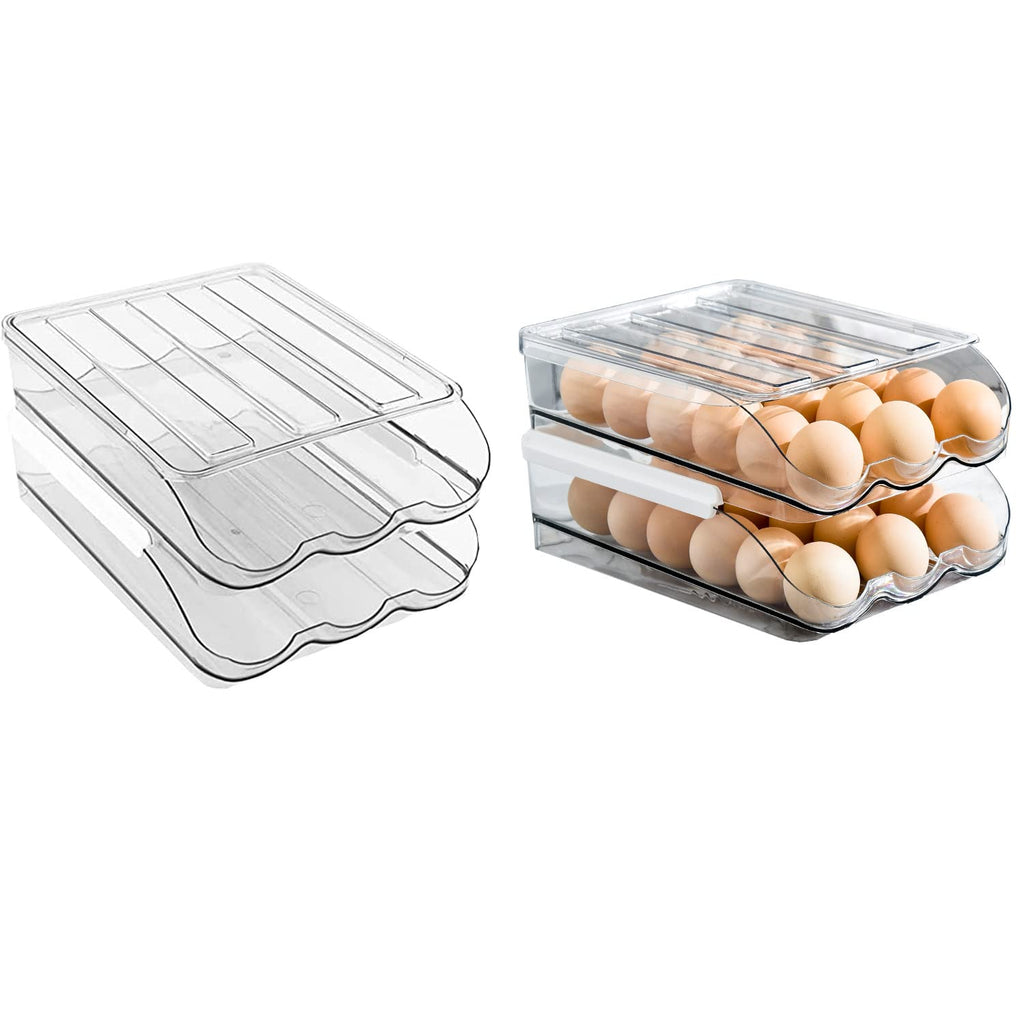 2-Tier Auto Rolling Egg Storage Container for Refrigerator, Clear Plastic Egg Tray with Lids, Large Capacity Kitchen Fridge Organizer Bin for 36 Eggs