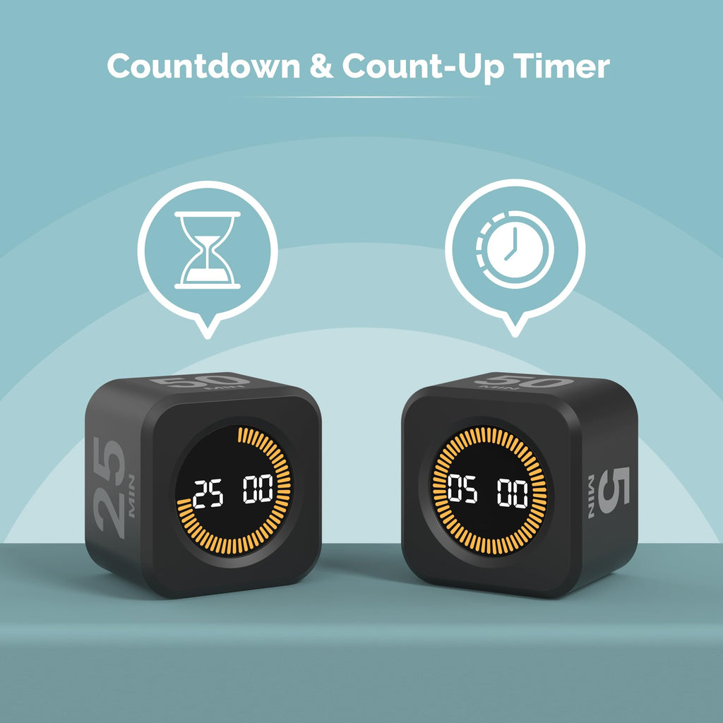 KADAMS Pomodoro Timer Visual - Productivity Pomodoro Cube, 5/10/25/50 Min Countdown & Countup, Silent – Ideal for Work Study Cook Workout Offices Kitchen School Classroom Gift for Kid