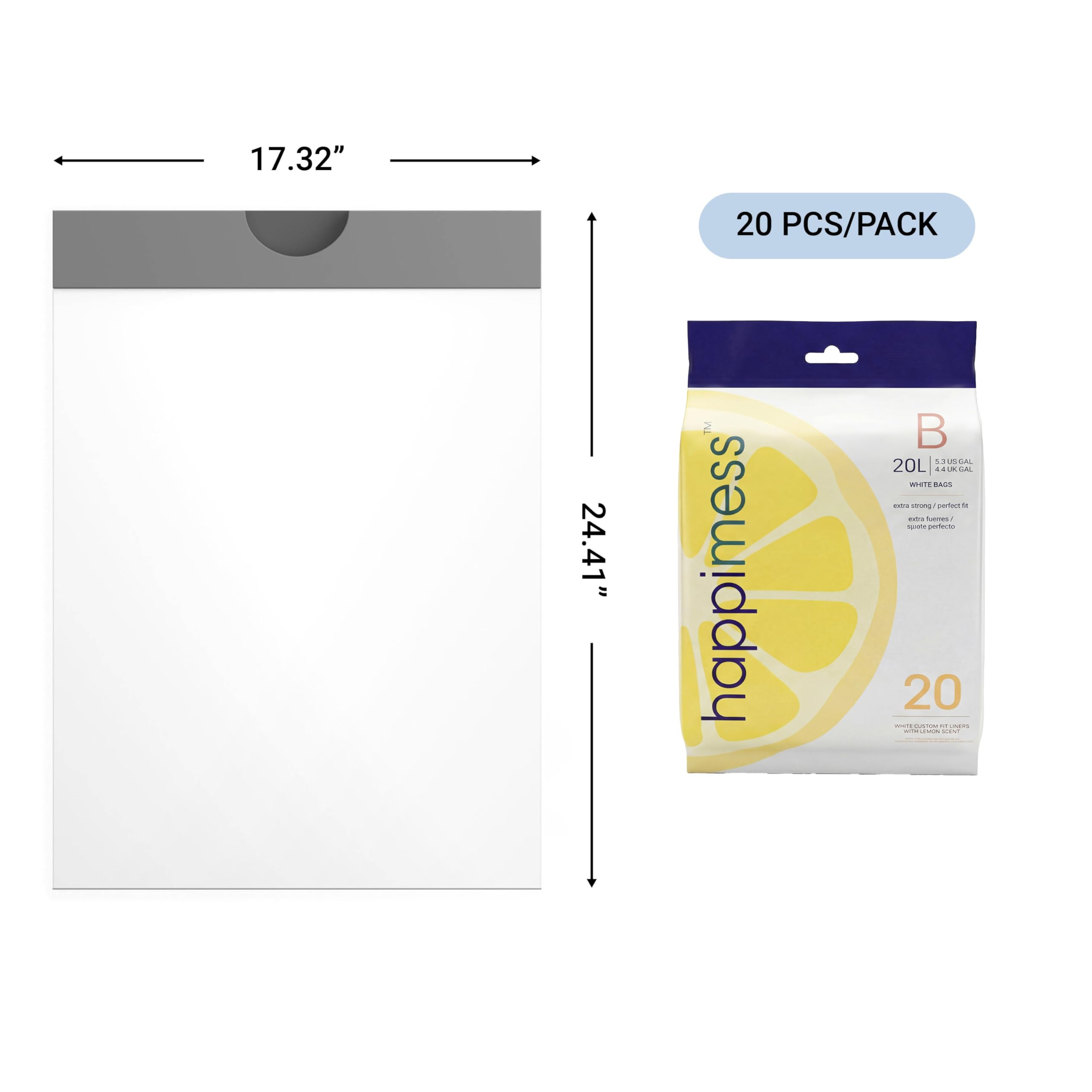 happimess HPM3100B-WHITE 5.3-Gallon Lemon Scented Drawstring Trash Can Liner, White (60-Count, 3-Packs of 20 Liners)