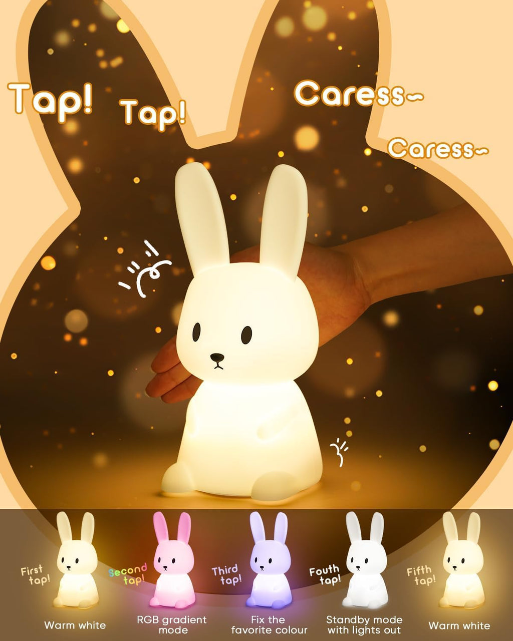 OPDOS Bunny Night Light for Kids Room, 7 Color Changing LED Portable Touch Lamp with Timer, USB Rechargeable Silicone Rabbit Nightlight for Baby Children Nursery Toddler Girl Kawaii Birthday Gift