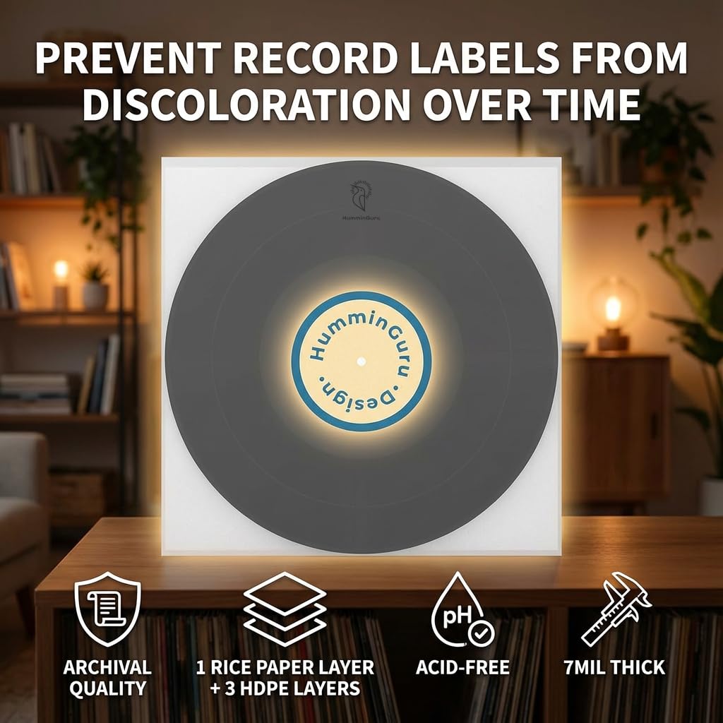HumminGuru 3-Ply Premium Inner Record Sleeves 12 Inch. Rice Paper Lined Master Sleeve. Anti-Static Vinyl Record Sleeve, Acid-Free Thick HDPE 3+1 Layer in 7 Mil, 50 Pack (12” Premium Inner Sleeves)