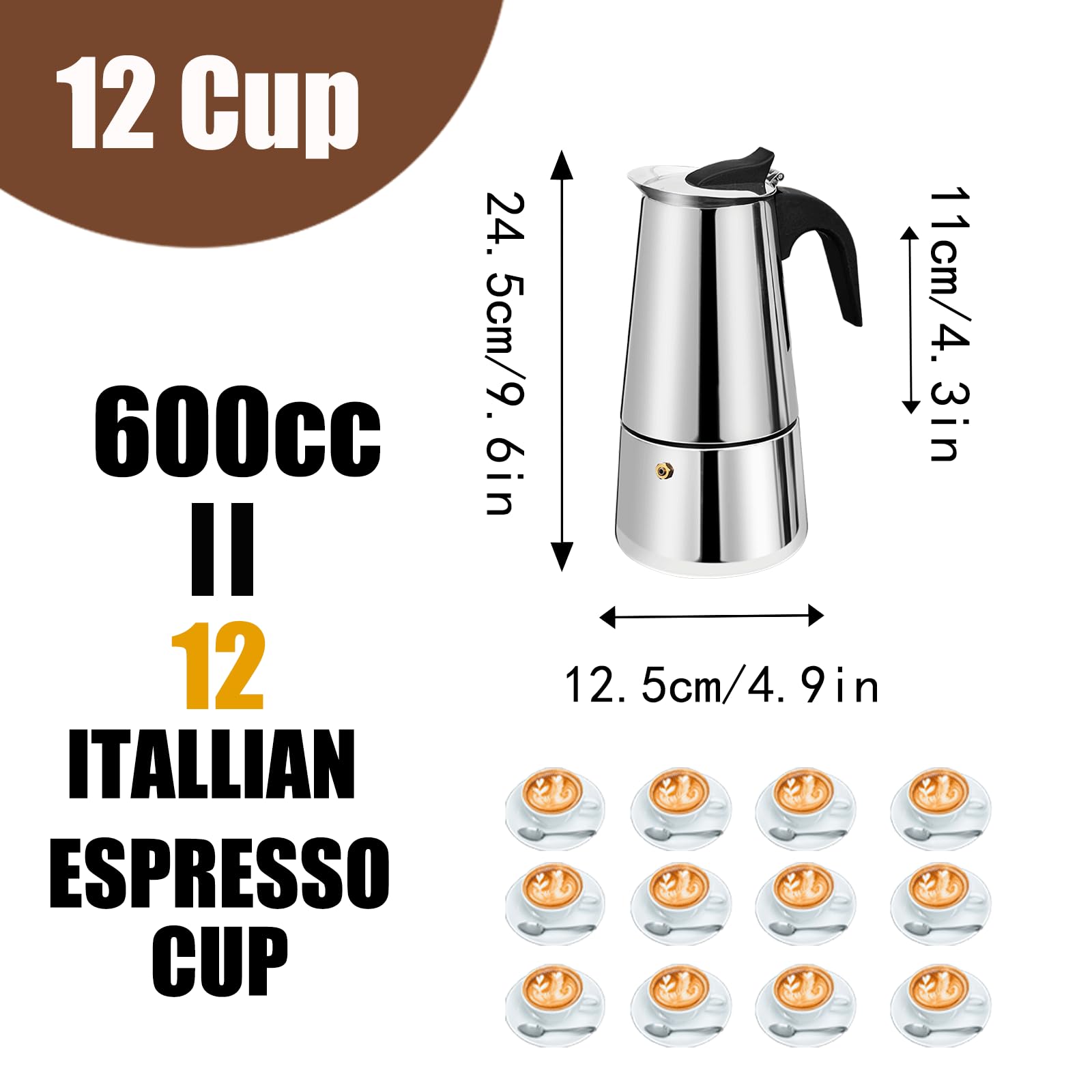 DITOSH 12 Cup Stovetop Espresso Maker Stainless Steel Moka Pot Espresso Maker Percolator Italian Coffee Maker Capable Mocha Coffee Machine Cafe Classic Maker for Home & Camping 600ml 20oz
