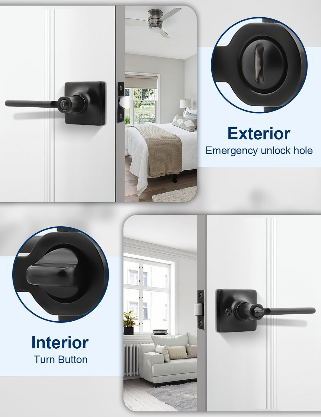 Mengico Matte Black Door Handles Interior 1 Pack, Square Privacy Door Levers, Keyless Door Handle with Lock, Modern Black Door Knobs for Bedroom and Bedroom, Reversible for Right/Left Side