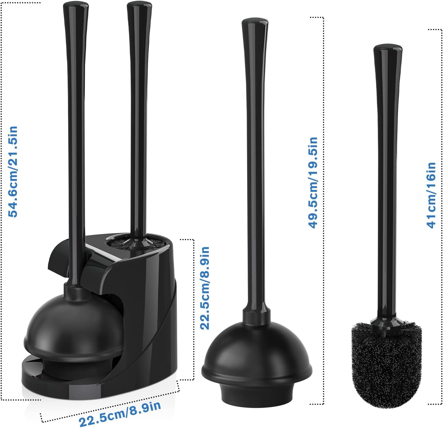 Toilet Plunger and Brush with Holder, Bowl Brush and Heavy Duty Toilet Plunger Set for 5.7-inch Toilet Drain, 2-in-1 Bathroom Cleaning Combo with Modern Caddy Stand (Black)