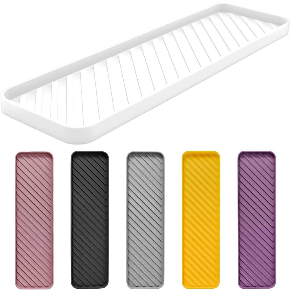 HvOvMvE Silicone Organizer Tray for Kitchen Sinks and Bathrooms. Dishwasher-Safe, Non-Slip Countertop Tray, Bathroom Drawer Organizer Trays. Perfect for Makeup & Trinkets (White L 1PC)