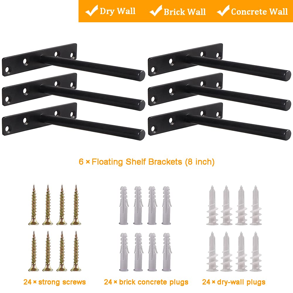 Blind Floating Shelf Brackets 8 Inch - Heavy Duty Wall Shelf Brackets, Solid Steel Matte Black Hidden Support with Hardware for DIY Custom Wood Shelves (6 Pack)