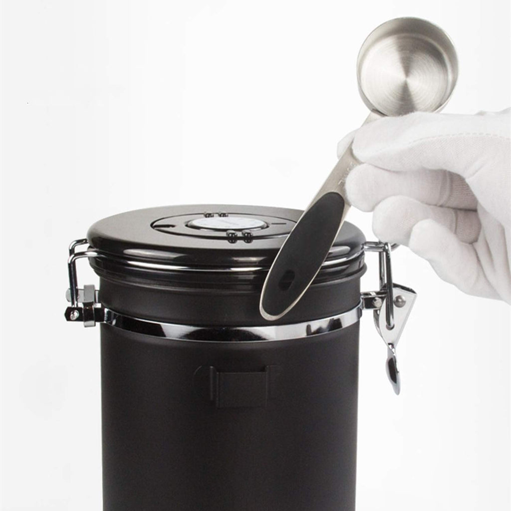 Yopay Airtight Coffee Canister, Stainless Steel Coffee Container with Measuring Scoop for the Kitchen, Coffee Ground Vault Jar With One Way Co2 Valve, Tea Coffee Beans Sugar Fresher, 16 oz, Black