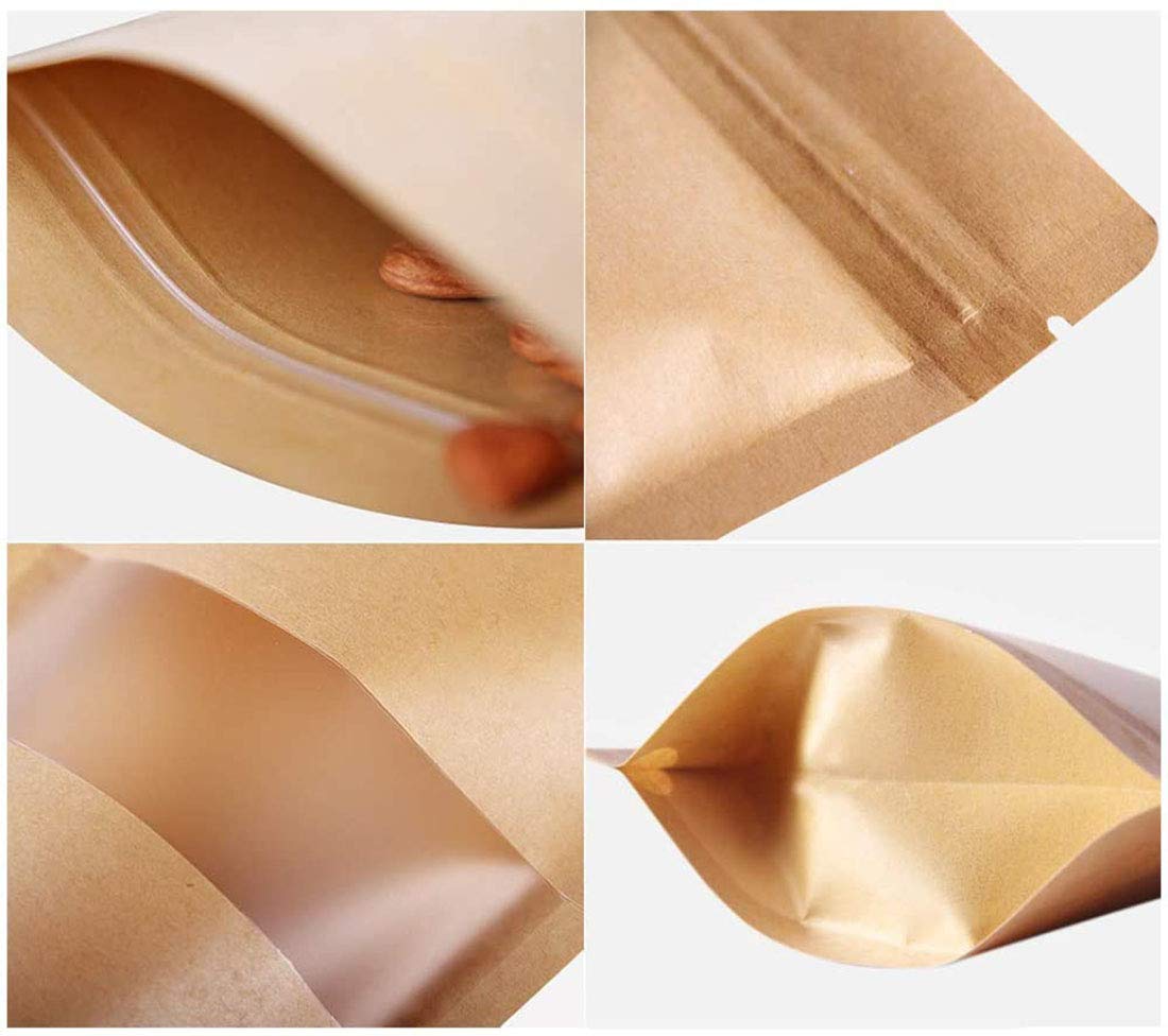 SONYANG 100 Pcs Kraft Paper Bags with Window Stand Up Pouches Bags, Zip Lock Food Storage Bags for Packaging Products, Reusable, Sealable (Brown, 5.5x7.9 inch)