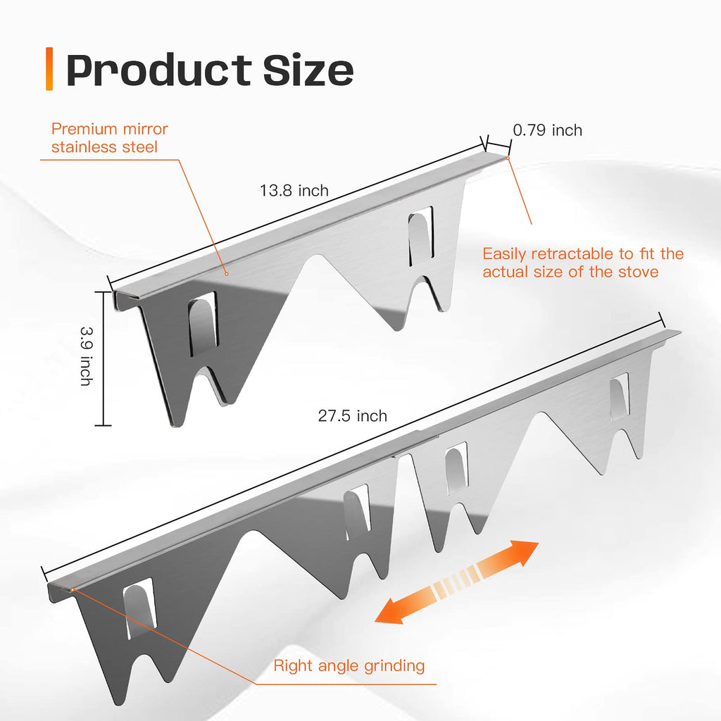 Stainless Steel Stove Gap Covers,Stove Gap Filler, Range Trim Kit, Stove Gap Guards, Heat Resistant and Easy to Clean, Easy retractable Length 13.8" to 27.5", Width 0.79",Silver(2PCS)