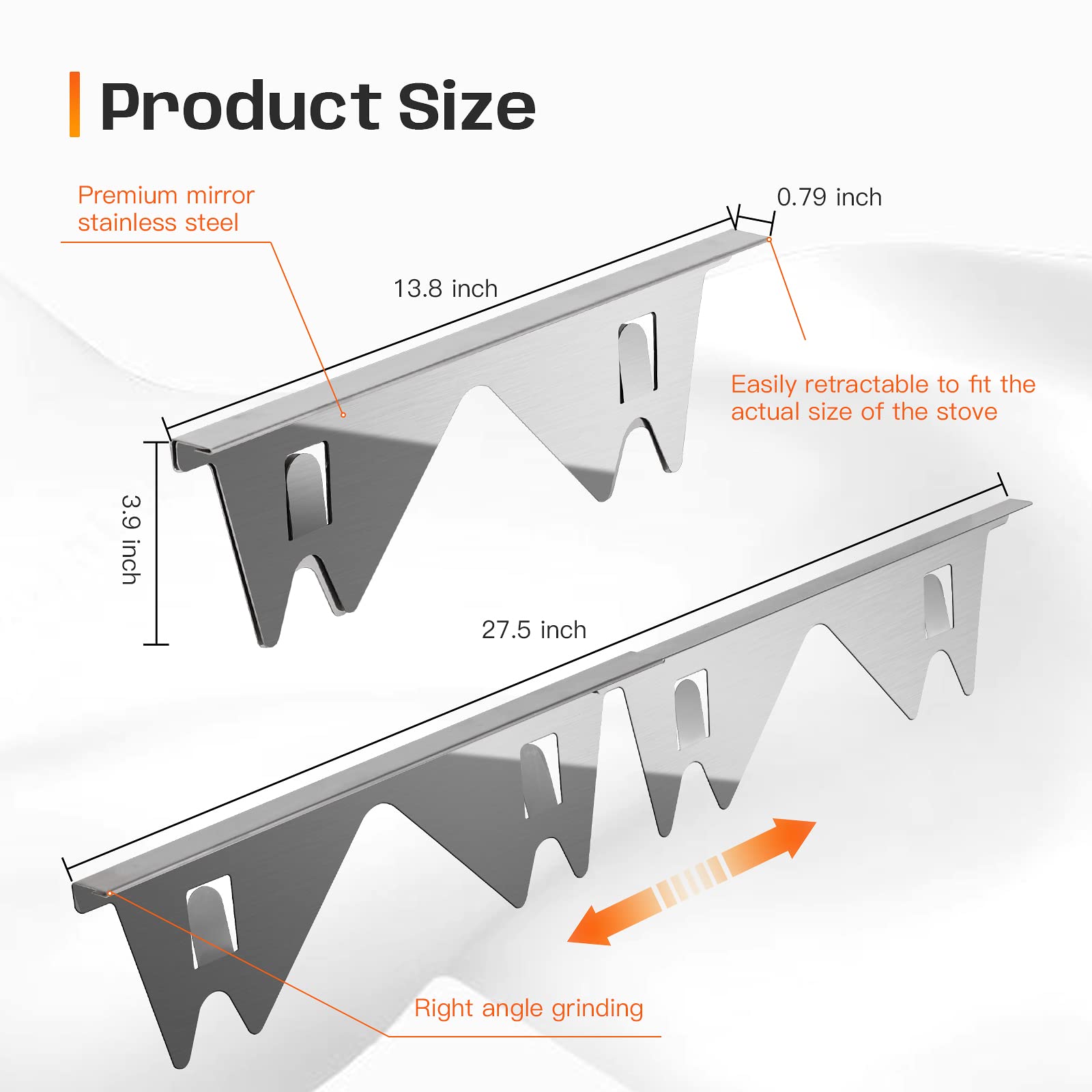 Stainless Steel Stove Gap Covers,Stove Gap Filler, Range Trim Kit, Stove Gap Guards, Heat Resistant and Easy to Clean, Easy retractable Length 13.8" to 27.5", Width 0.79",Silver(2PCS)