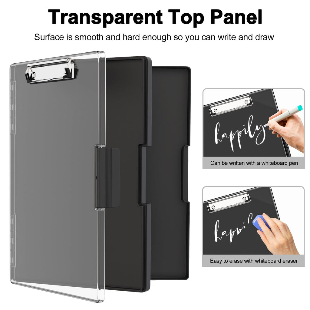 Clipboard with Storage, 8.5x11 Clip Boards with 2 Storage Case and A4 Paper Folder, Clear Dry Erase Top Panel, Heavy Duty Plastic, Folio & Side-Opening, for Nurses, Teacher, Lawers, Black