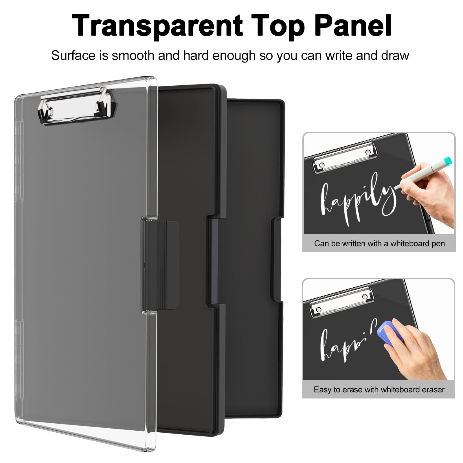 Clipboard with Storage, 8.5x11 Clip Boards with 2 Storage Case and A4 Paper Folder, Clear Dry Erase Top Panel, Heavy Duty Plastic, Folio & Side-Opening, for Nurses, Teacher, Lawers, Black