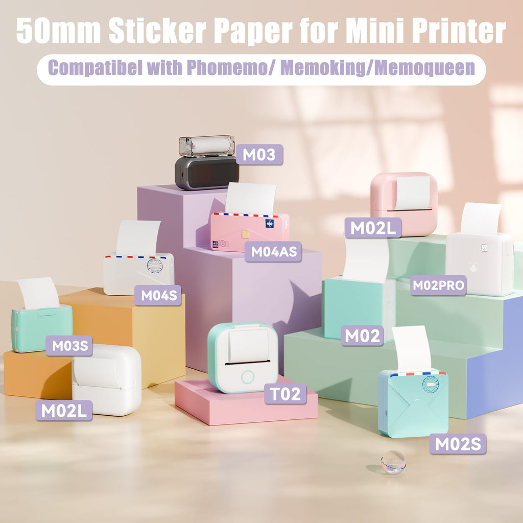 Memoking White Thermal Sticker Paper 50mm, Compatible with T02/M02/M04S/M04AS Mini Sticker Maker, HD Adhesive Thermal Printer Paper for Kids Suitable for Study Notes, List, Gift, 3.5m/Roll, 3 Rolls