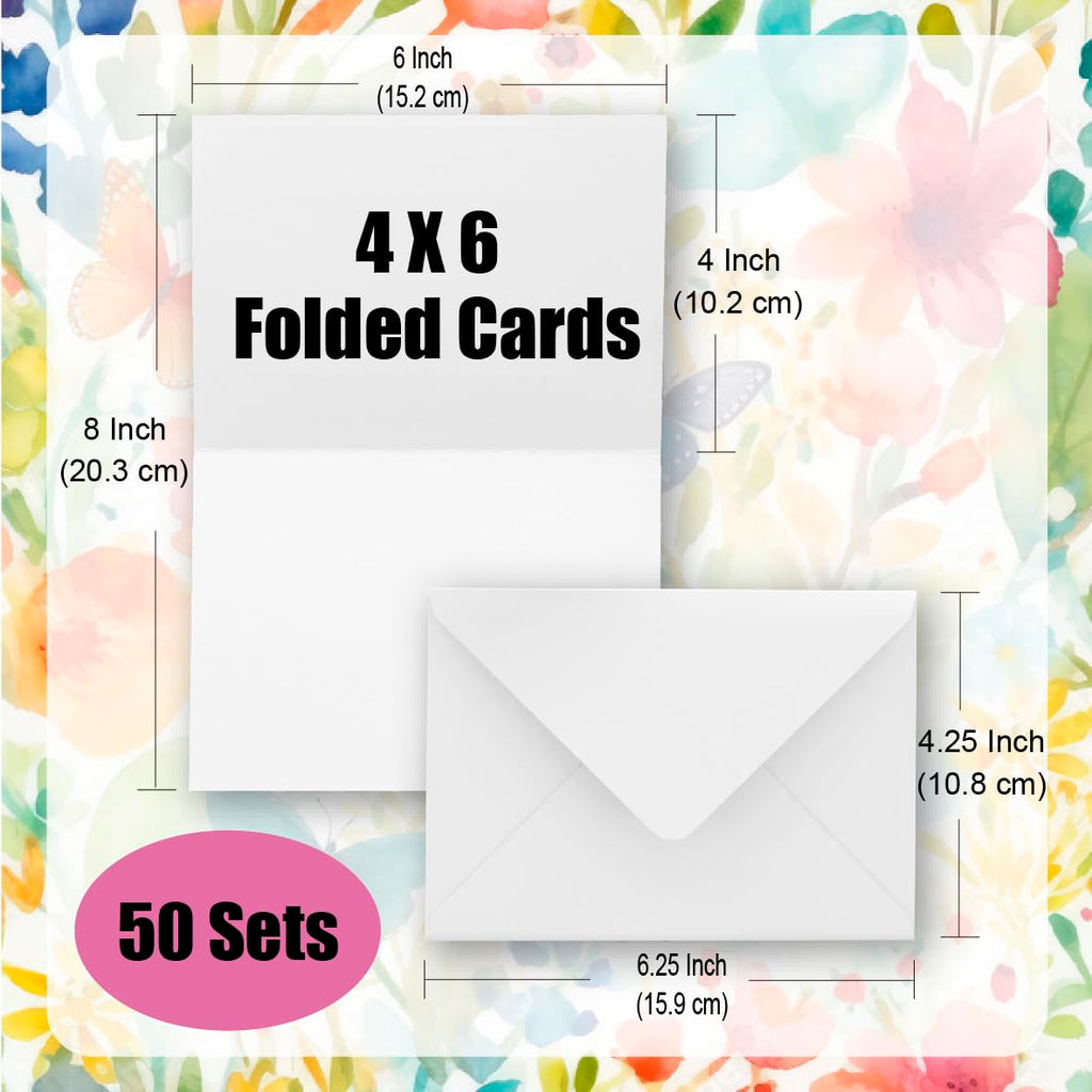 50 Pack Blank Watercolor Cards and Envelopes Set, 140lb Heavyweight 100% Cotton, 4 x 6 Inch Foldable for Painting or Card Making, Christmas Birthday