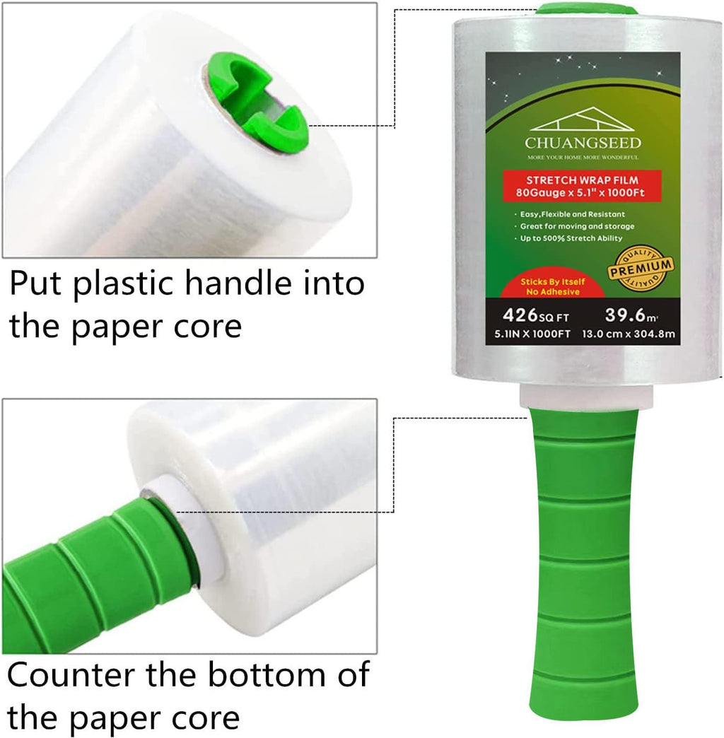 CHUANGSEED 2-Pack Industrial Mini Clear Stretch Wrap Film 80 Gauge 5.1" 1000ft for Pallet Wrap, Durable Self-Adhering Packing, Moving, Packaging, Heavy Duty Shrink Film