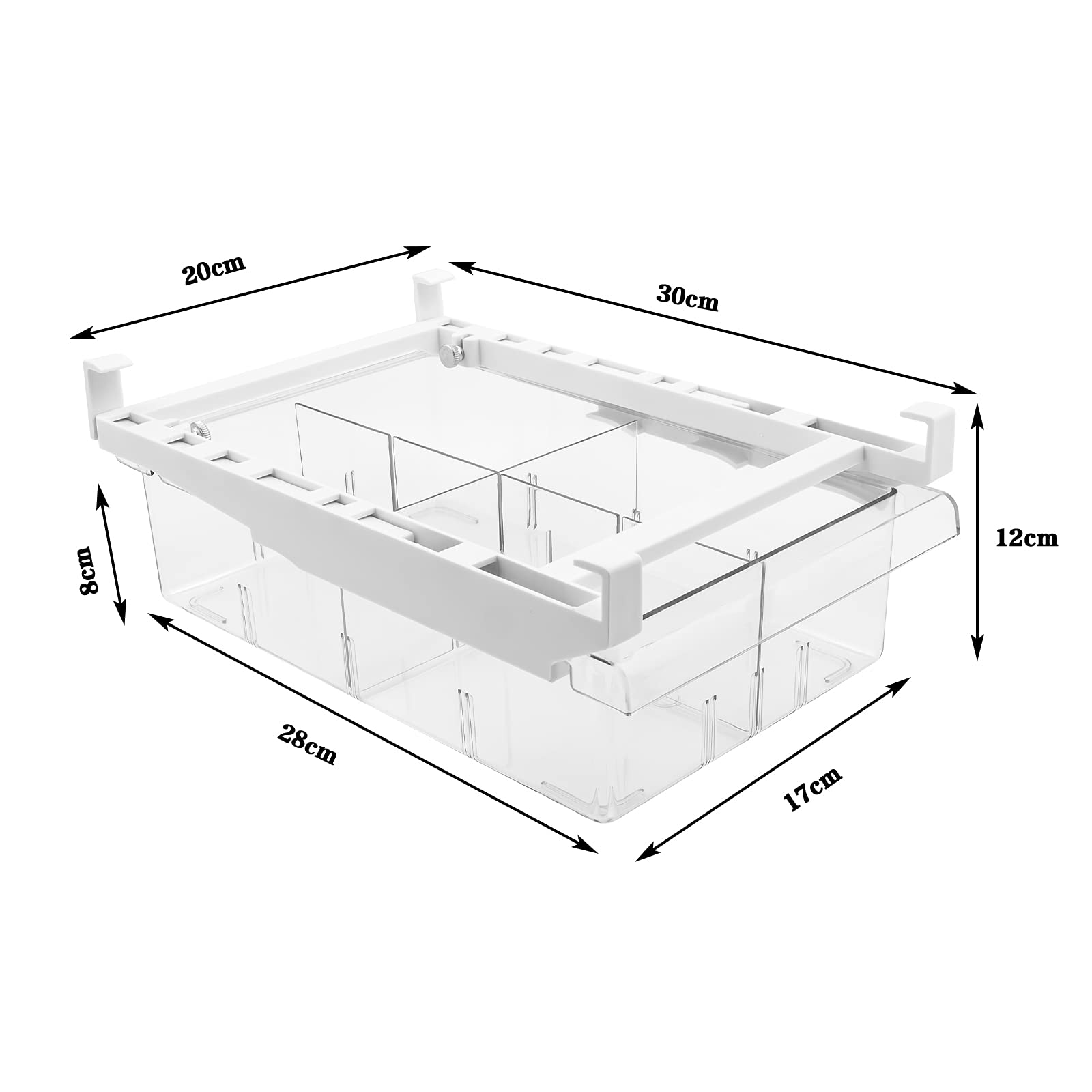 2 Pack Refrigerator Organizer Bins,Pull-Out Fridge Storage Drawer Design,Freely Pullable Refrigerator Storage Box with 4 Divided Sections,Fit for Fridge Shelf Under 0.6"