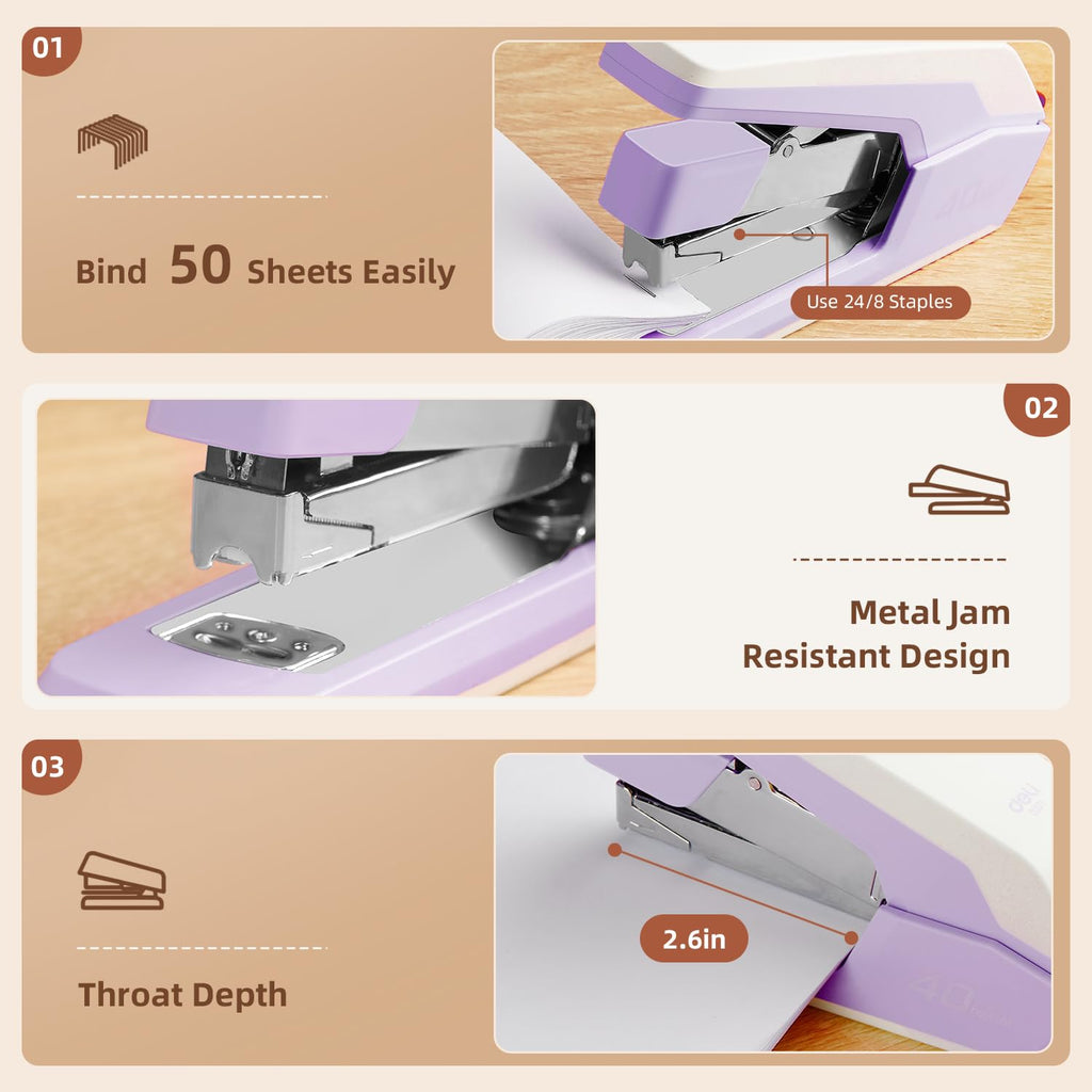 Deli Effortless Desktop Stapler, Heavy Duty Stapler, 40-50 Sheet Capacity, One Finger, No Effort, Includes Staples & Staple Remover, Violet