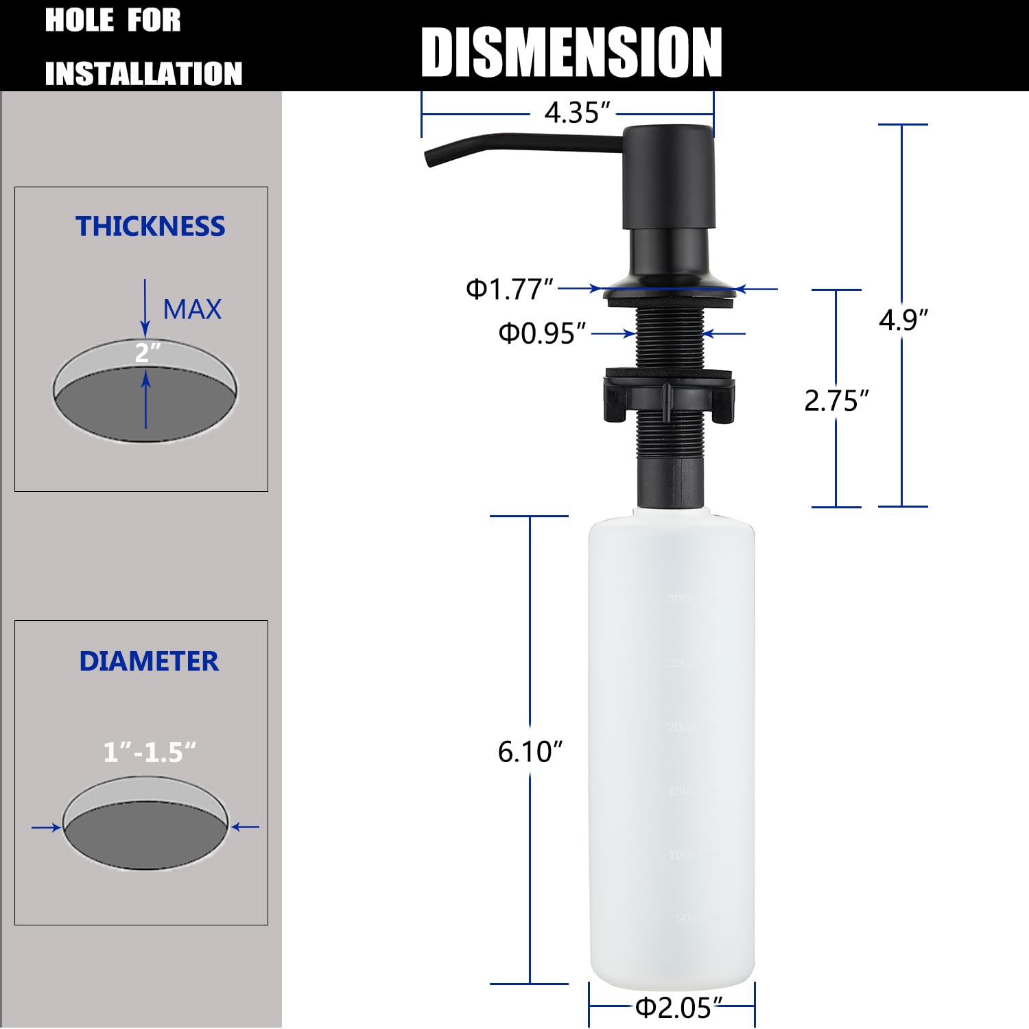 Soap Dispenser for Kitchen Sink Matte Black, Lotion Dispenser for Kitchen Sink Stainless Steel Sink Soap Dispenser 13 OZ Bottle Built in Design Refill from The Top
