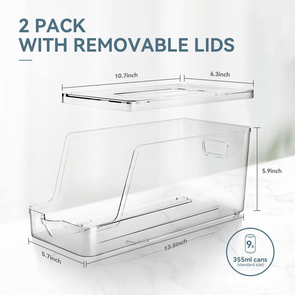 Soda Can Dispenser for Refrigerator with Lids, Stackable Drink Organizer for Fridge, Clear Plastic Refrigerator Organizer Bins, Beverage Can Holders for Pantry, Freezer, Kitchen, Cabinets Set of 2