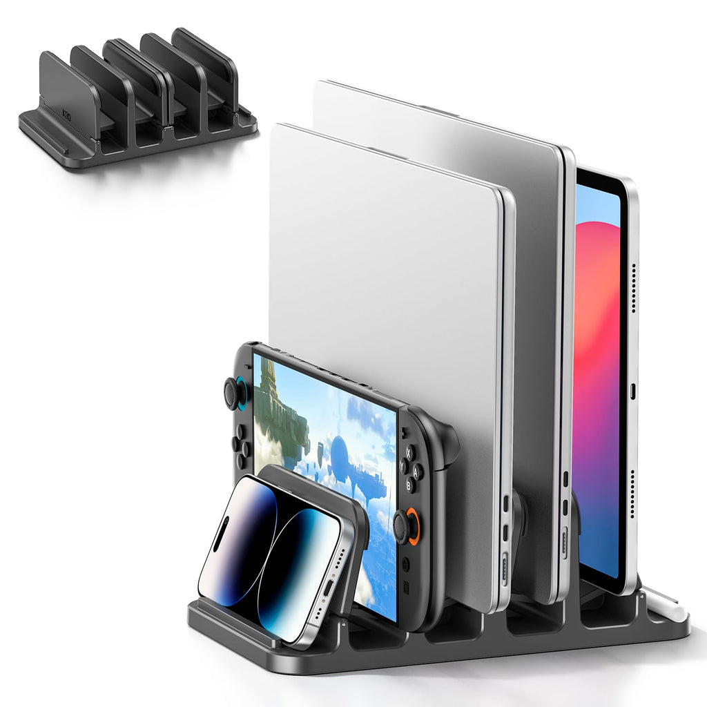 KDD 4-Slot Vertical Laptop Stand for Desk, 6-in-1 Design Laptop Mount Riser with Gravity Locking, Space-Saving Computer Organizer Dock Supports MacBook Pro Air, Mac, HP, Dell,Microsoft Surface, Lenovo