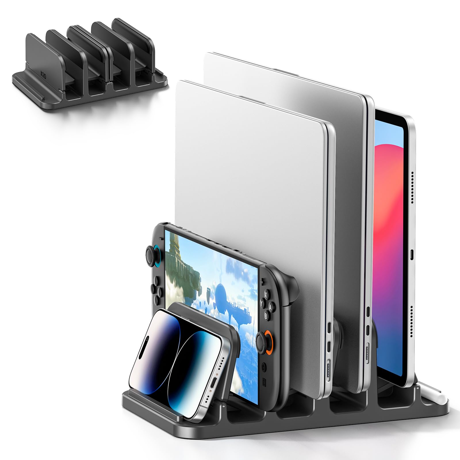 KDD 4-Slot Vertical Laptop Stand for Desk, 6-in-1 Design Laptop Mount Riser with Gravity Locking, Space-Saving Computer Organizer Dock Supports MacBook Pro Air, Mac, HP, Dell,Microsoft Surface, Lenovo