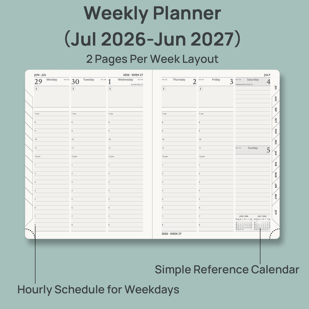 POPRUN 2026-2027 Academic Planner, 6.5" x 8.75", Weekly and Monthly Calendar, July 2026 to June 2027, Hardcover Appointment Book with Verital Layout, Hourly Time Slots, Monthly Tabs - Midnight Green