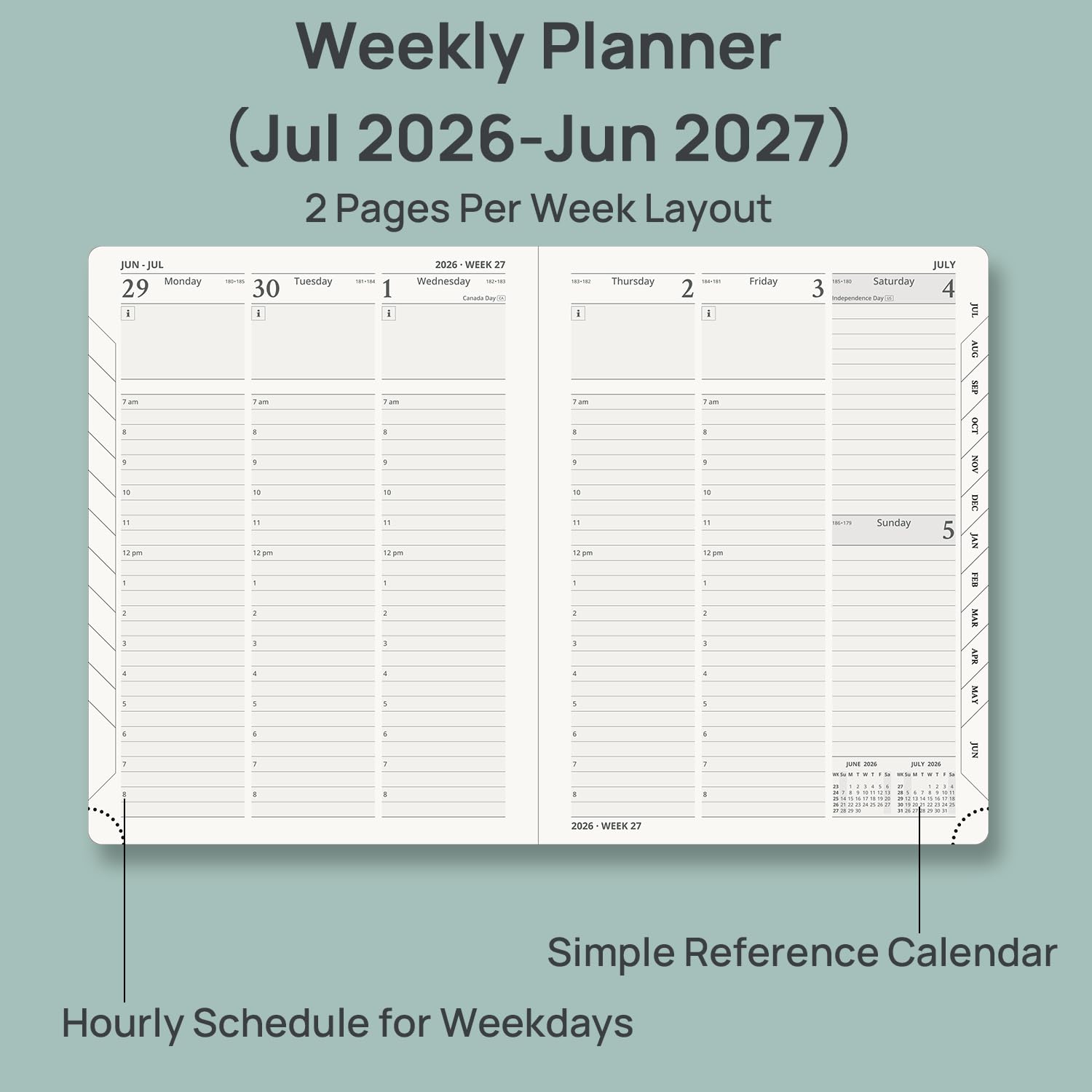 POPRUN 2026-2027 Academic Planner, 6.5" x 8.75", Weekly and Monthly Calendar, July 2026 to June 2027, Hardcover Appointment Book with Verital Layout, Hourly Time Slots, Monthly Tabs - Midnight Green