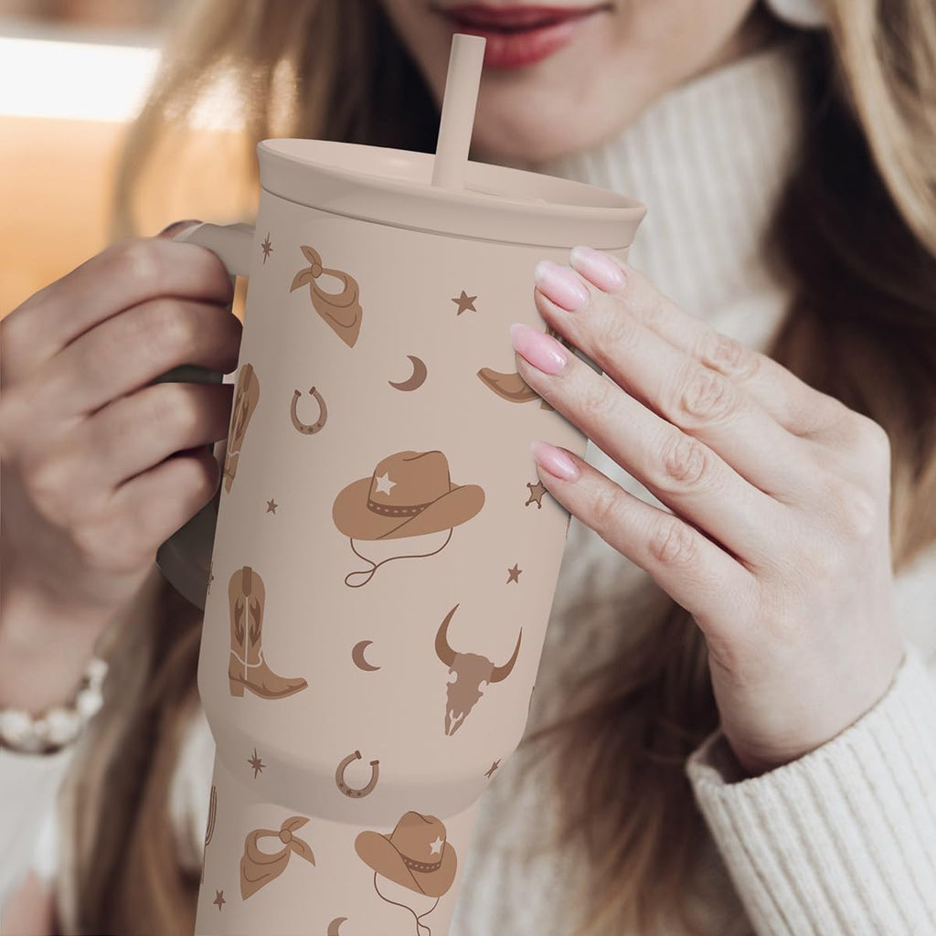SANDJEST Cowgirl Tumbler 40oz for Women Girls – Stainless Steel Travel Coffee Mug Cup with Handle and Straw, Gift for Birthday Christmas