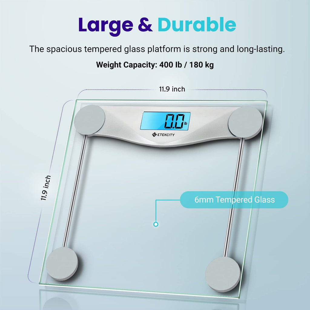 Etekcity Digital Body Weight Bathroom Scale, Large Blue LCD Backlight Display, High Precision Measurements,6mm Tempered Glass, 400 Pounds