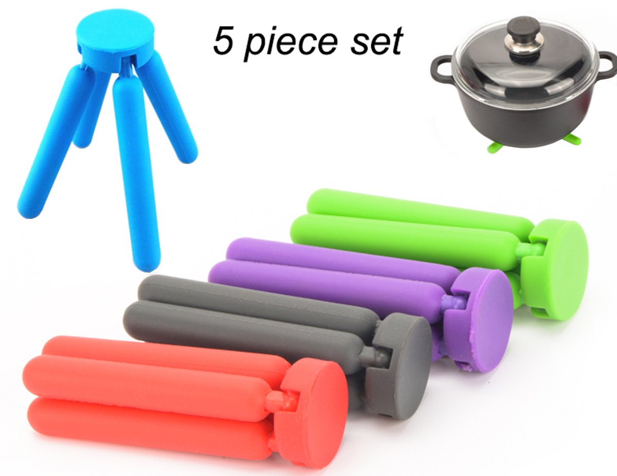 Foldable Trivets, KSENDALO 5/Pack Folding Trivet Pot Holder in Eco Compact Design, Red Blue Gray Green Color