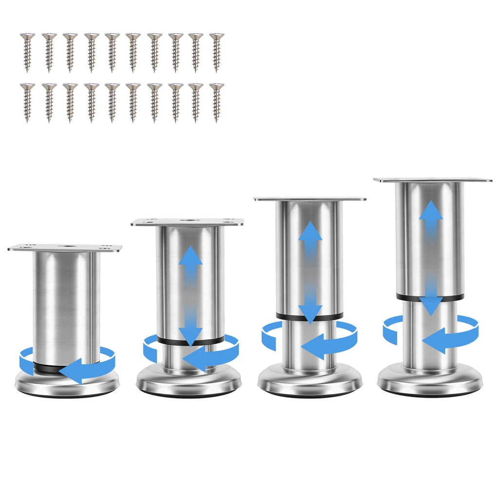 4Pcs Adjustable Height Bed Support Legs with 20Pcs Screws, 3.2"-4.7" Adjustable Furniture Legs Feets, Heavy Duty Furniture Risers for Cabinet Sofa Chair Dresser Desk (Silver)