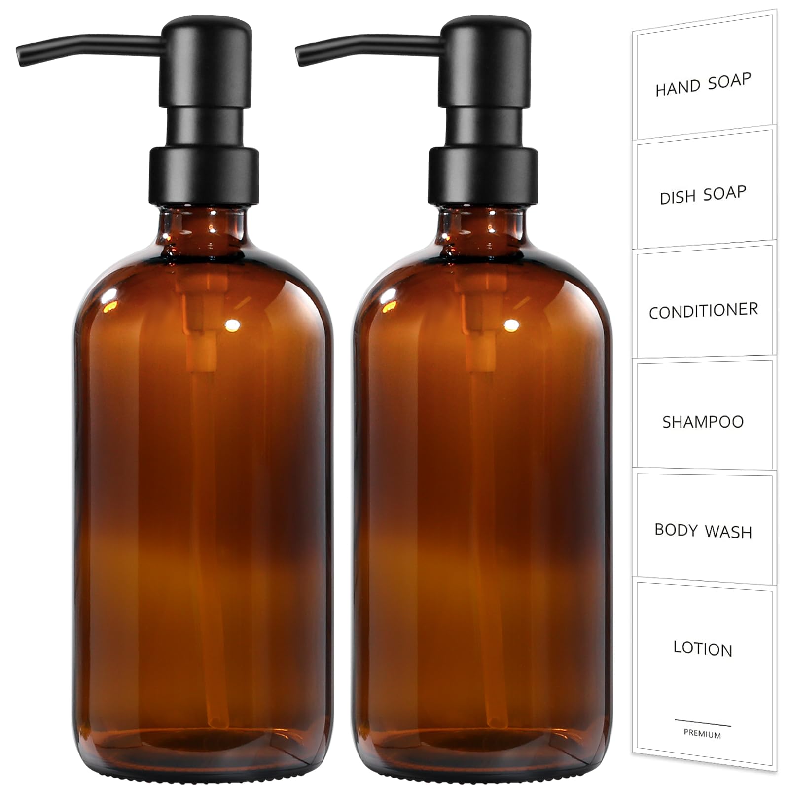 GMISUN Soap Dispenser, 2 Pack Bathroom Hand Soap Dispenser with Rustproof Stainless Steel Pump, Amber Glass Dish Soap Dispenser Set for kitchen, Hand and Dish Soap Dispensers Sets, Liquid Soap Bottles