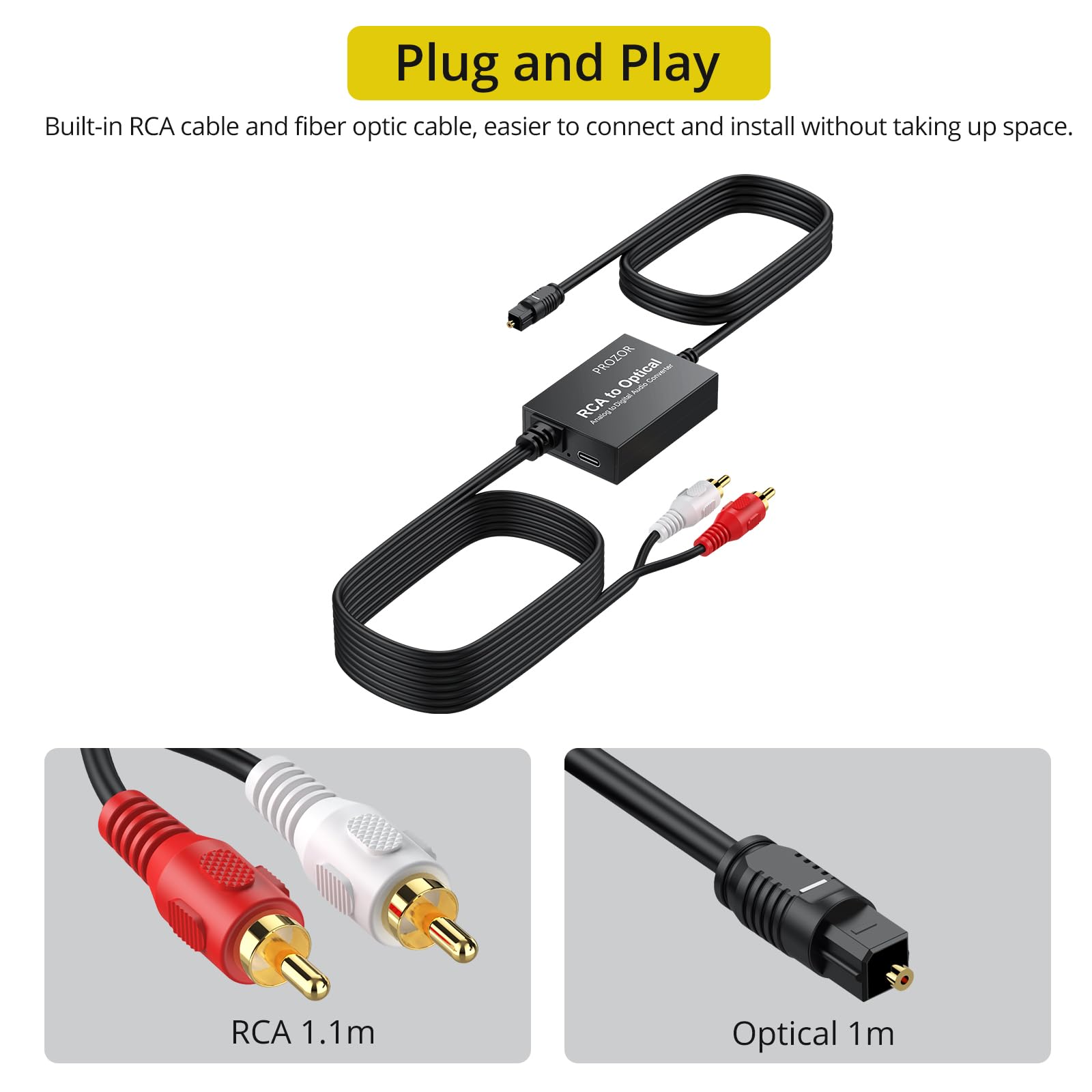 PROZOR Analog to Digital Audio Converter - RCA to Digital Toslink SPDIF Optical Audio Adapter with Optical Cable for Turntable CD DVD to Soundbar