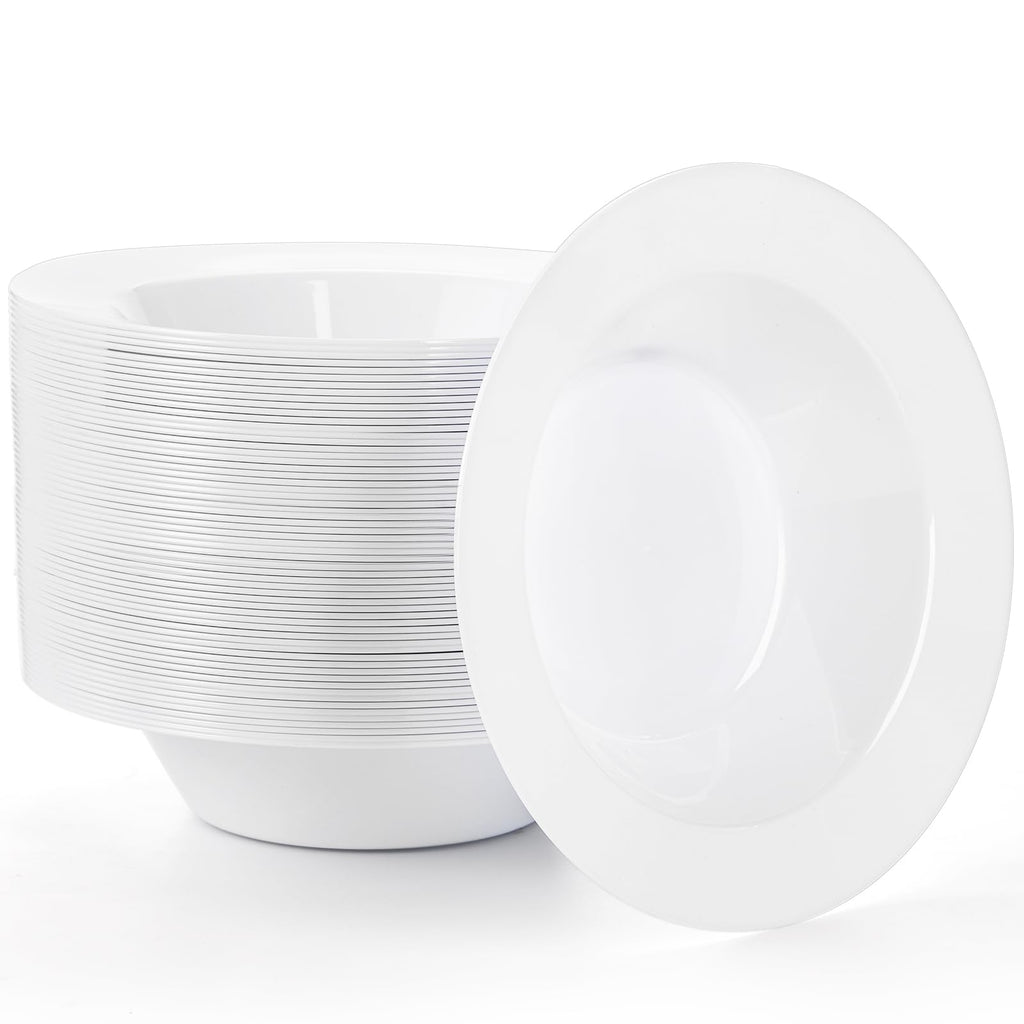 Suwimut 60 Pack White Plastic Bowls, 12 oz Disposable Soup Bowls, Premium Heavy Duty Plastic Dinner Bowl Dessert Salad Bowl for Wedding, Party, Catering, Christmas, and Everyday Use