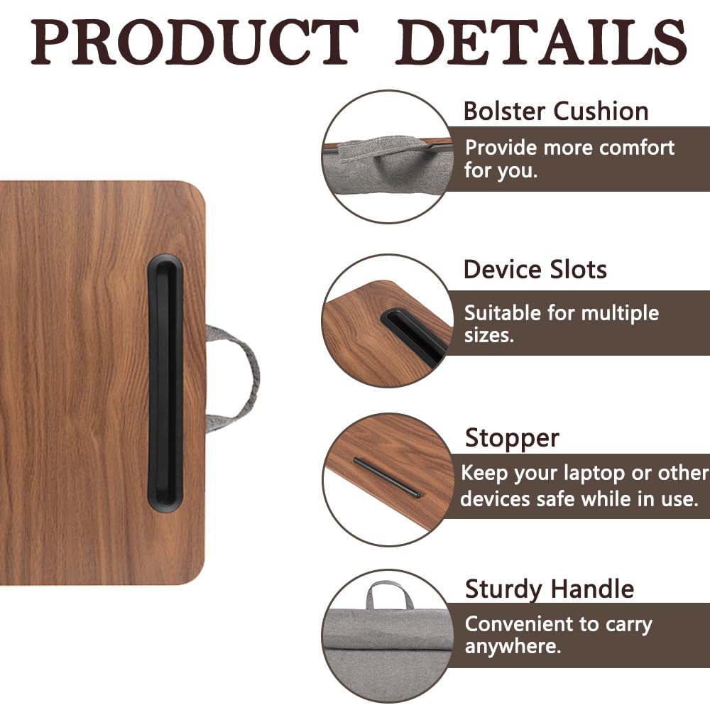 Lap Desk, Portable Laptop Desk Fits Up to 16“ Laptops, with Tablet Slot, Built-in Cushion, Great for Home & Office,Lap Desk for Laptop,Lap Desk with Cushion (Brown, Medium)