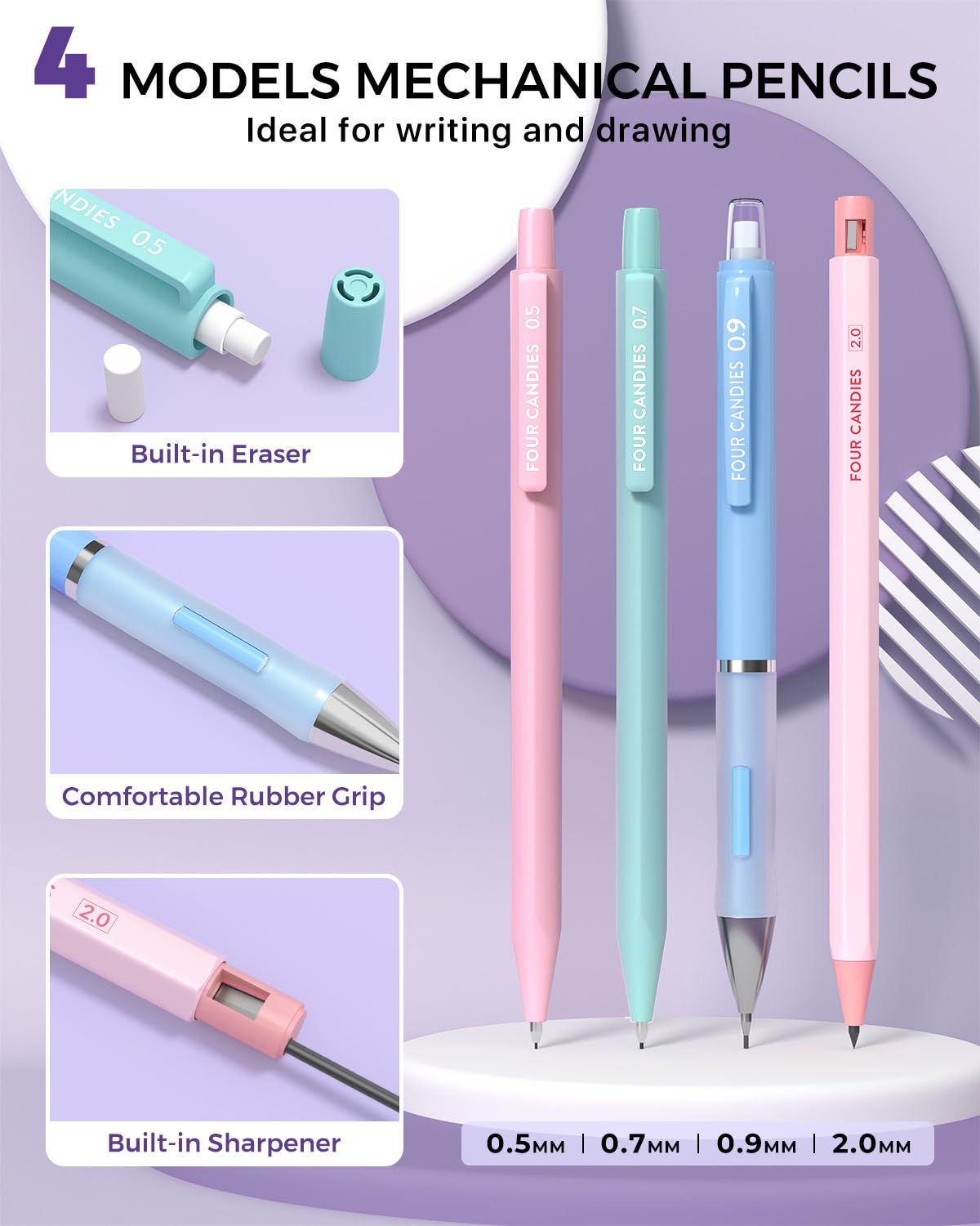 Four Candies 36PCS Aesthetic School Supplies, Mechanical Pencils 0.5mm, 0.7mm, 0.9mm & 2.0mm with 624PCS Lead Refills, Cute Mechanical Pencils for Writing, Drawing & Drafting (Purple)