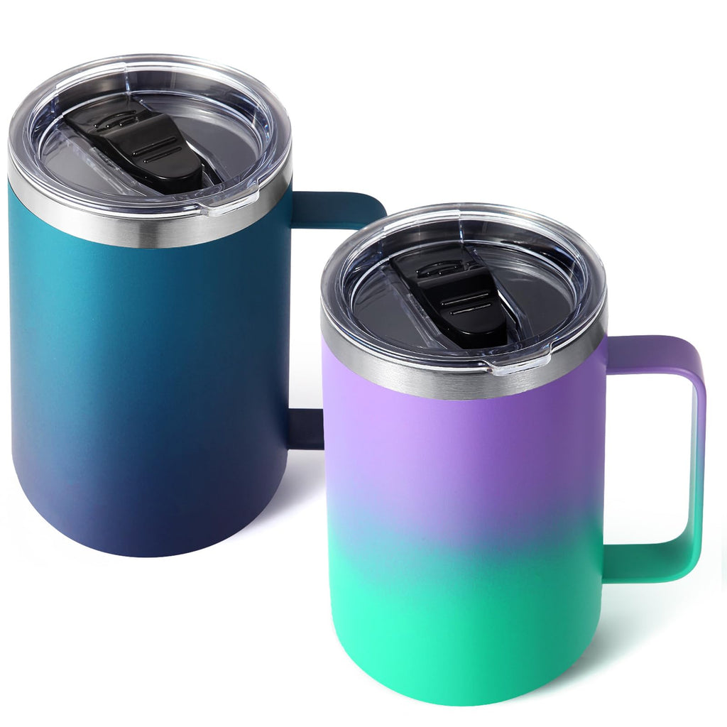 Volhoply 16oz Insulated Stainless Steel Coffee Mugs with Leakproof Lid Bulk 2 Pack,Double Wall Vacuum Travel Coffee Cup with Handle,Reusable Metal Tumbler,Camping Mug Keep Hot&Cold(Mixed,2)