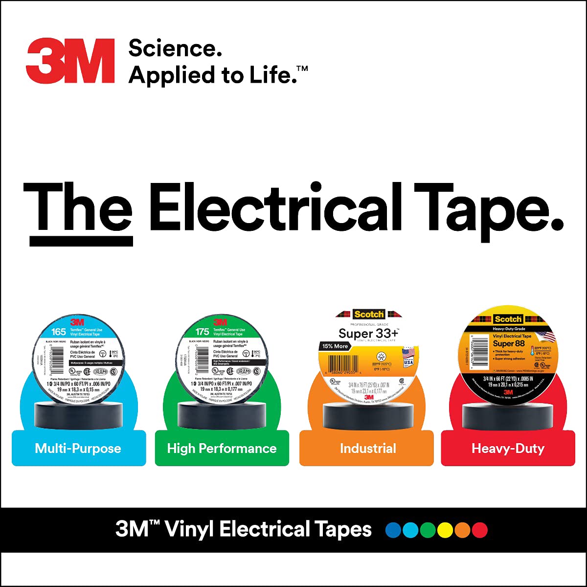 3M Temflex 175, Vinyl Electrical Tape, Black, 3/4in x 60ft, 10 Rolls